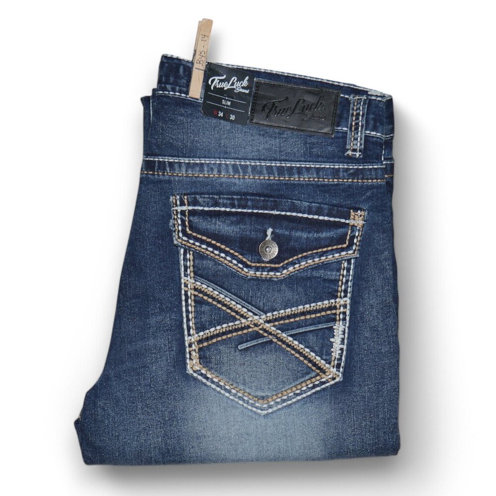 True Luck Slim Fit Jeans Dark Wash Denim Men's Size 34x30 Thick Stitch BKE NWT